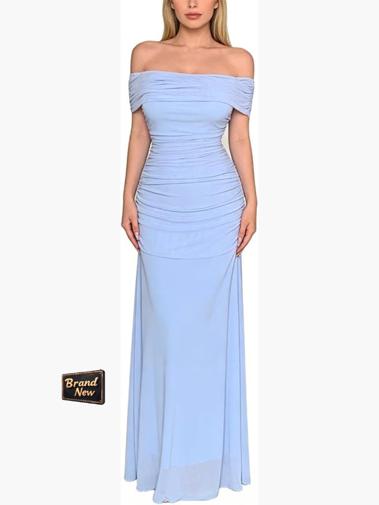 Off The Shoulder Maxi Dress Short Sleeve Ruched Bodycon Wedding Guest